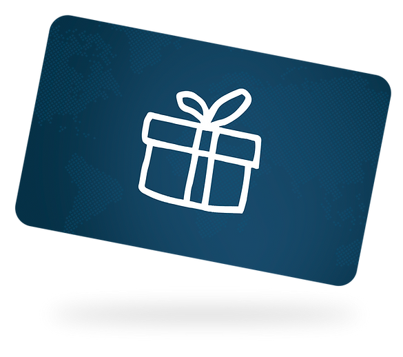 A tilted view of a dark blue gift card with a white gift box icon, representing a generic or branded gift card.