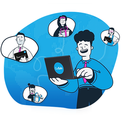 A cartoon man holding an open envelope with the "GoGift" logo, surrounded by thought bubbles showing various gifting options.