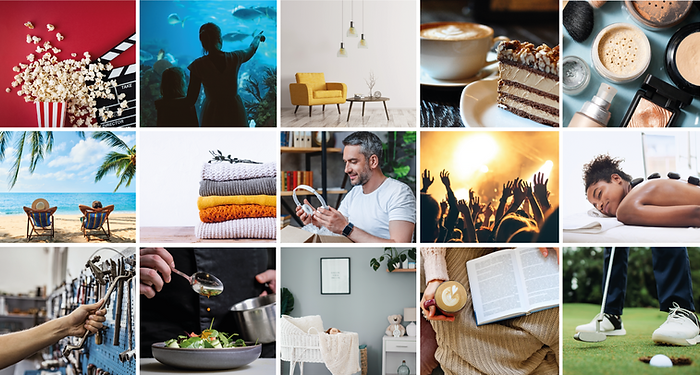 A collage showcasing various leisure activities and products, with a central text overlay promoting "The Global Gift Card" for worldwide access to gift cards and rewards.