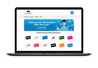 A laptop screen showing a thank you message from "MARK SMITH" with an array of gift card brands below.