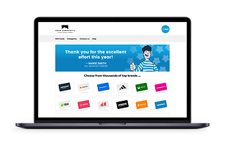 A laptop screen showing a thank you message from "MARK SMITH" with an array of gift card brands below.
