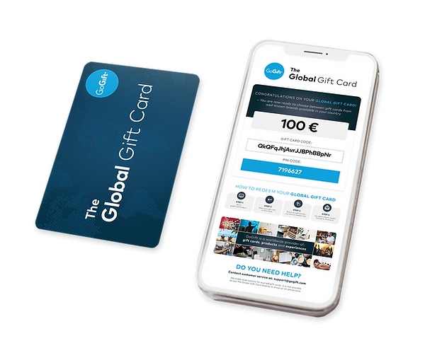 A physical "Global Gift Card" next to a smartphone displaying the card's details with a congratulatory message for a 100 Euro credit, and instructions on how to redeem it.