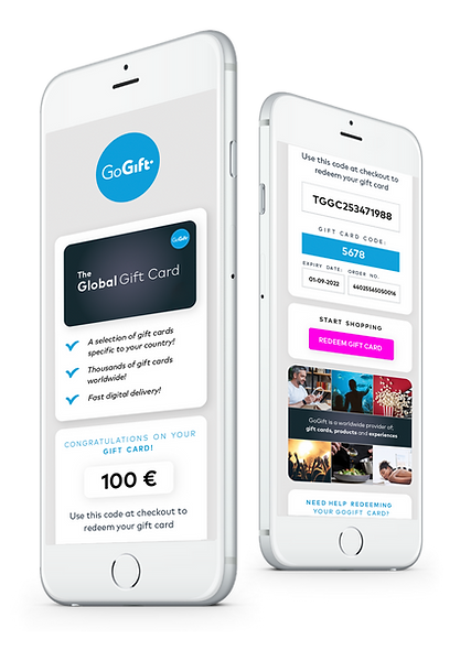 Two smartphones displaying the "GoGift" interface with one screen showing a congratulatory message for a 100 Euro Global Gift Card and the other detailing the gift card code and redemption options.