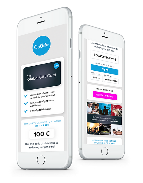Two smartphones displaying the "GoGift" interface with one screen showing a congratulatory message for a 100 Euro Global Gift Card and the other detailing the gift card code and redemption options.