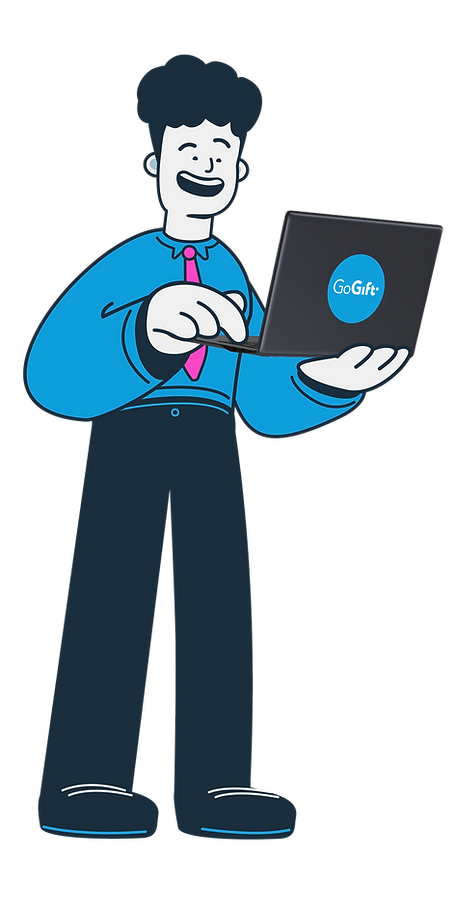 A smiling cartoon man in a blue shirt and dark trousers, holding an open laptop with the "GoGift" logo on the screen.