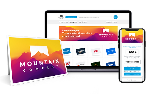 A digital representation of a reward system, with a laptop and mobile phone showing a "Thank you" note and gift card options from "MOUNTAIN COMPANY".
