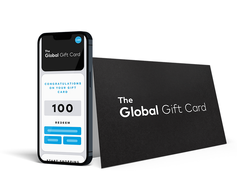 A smartphone displaying a "Global Gift Card" interface with a congratulatory message for a 100 Euro gift card, next to a physical gift card envelope with "The Global Gift Card" written on it.