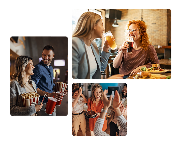 A collage of three images within a cloud-shaped border showing people enjoying social moments: a couple with movie snacks, a woman drinking a beer and smiling at a friend, and a group celebrating with a toast.