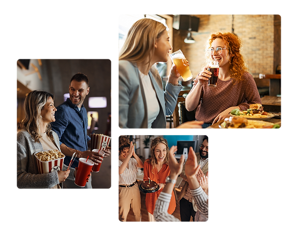 A collage of three images within a cloud-shaped border showing people enjoying social moments: a couple with movie snacks, a woman drinking a beer and smiling at a friend, and a group celebrating with a toast.