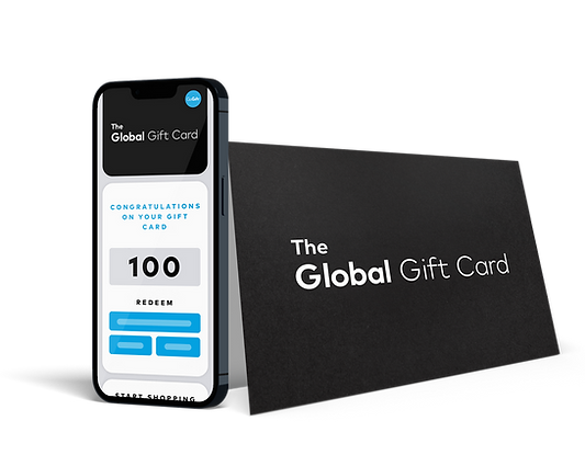 A smartphone displaying a "Global Gift Card" interface with a congratulatory message for a 100 Euro gift card, next to a physical gift card envelope with "The Global Gift Card" written on it.