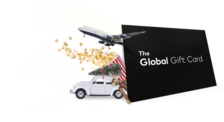 A creative composition featuring a classic car with a Christmas tree and gifts, a scattering of popcorn, and a plane overhead, next to a black envelope labeled "The Global Gift Card."