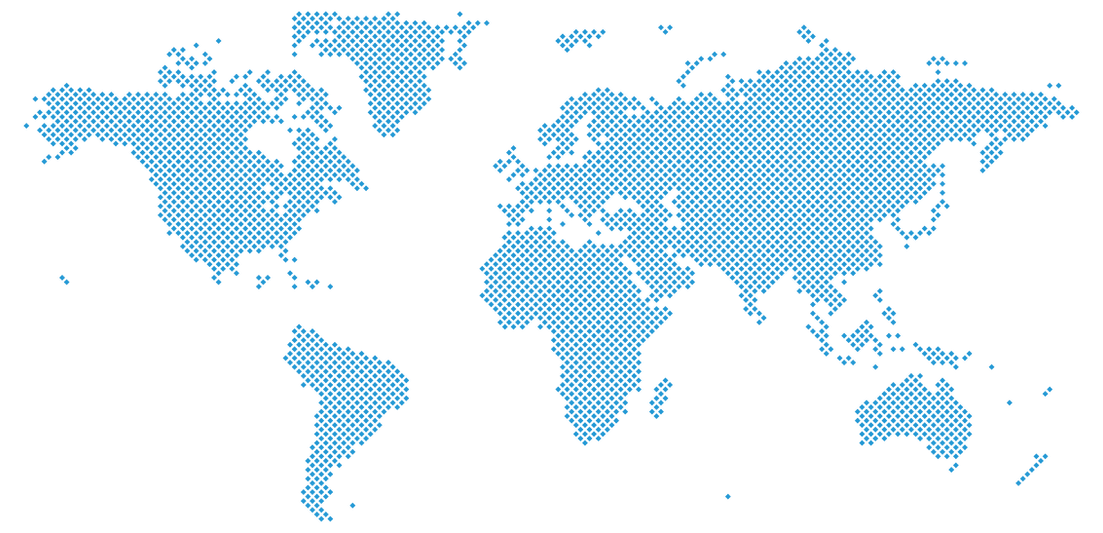 A dotted world map in blue on a white background, possibly representing a global network or reach.